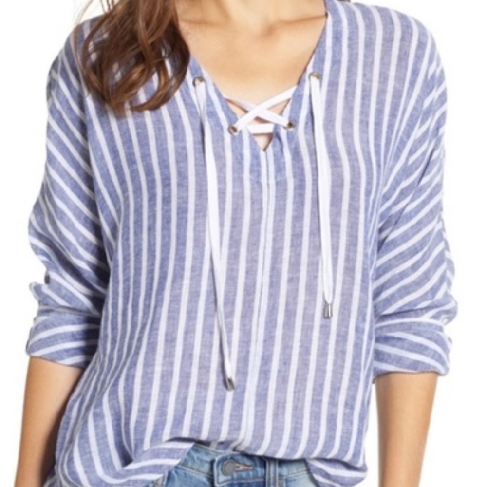 Rails size small lace neck linen blend striped long sleeve top